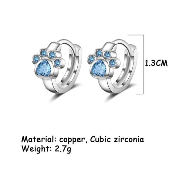 Cute Pet Paw Print Design Silver and Blue Tone & Zirconia Ear Stud Earrings - Picture 4 of 10